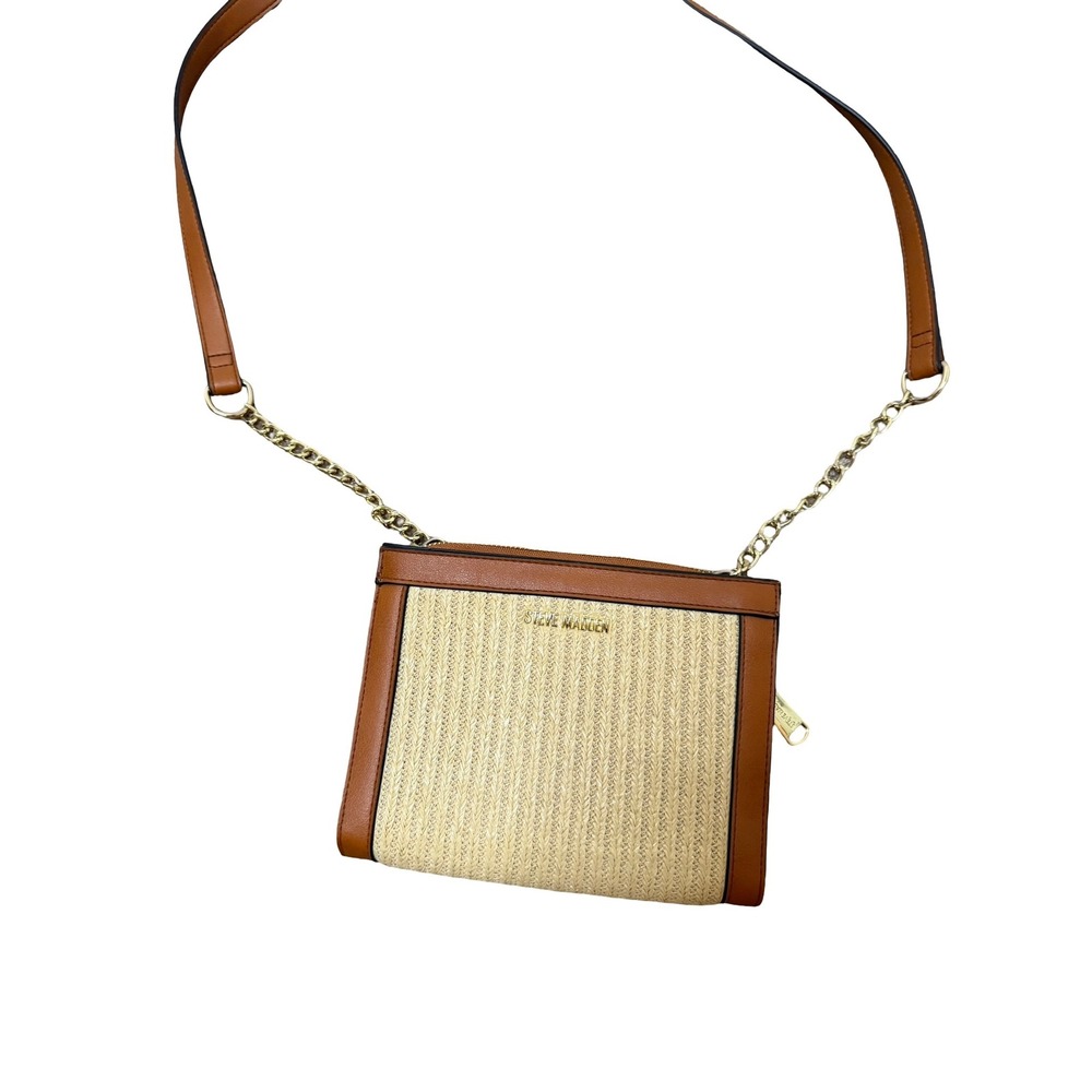Steve Madden Crossbody Bag Brown Straw Woven Faux Leather Gold Chain Strap - Picture 1 of 6